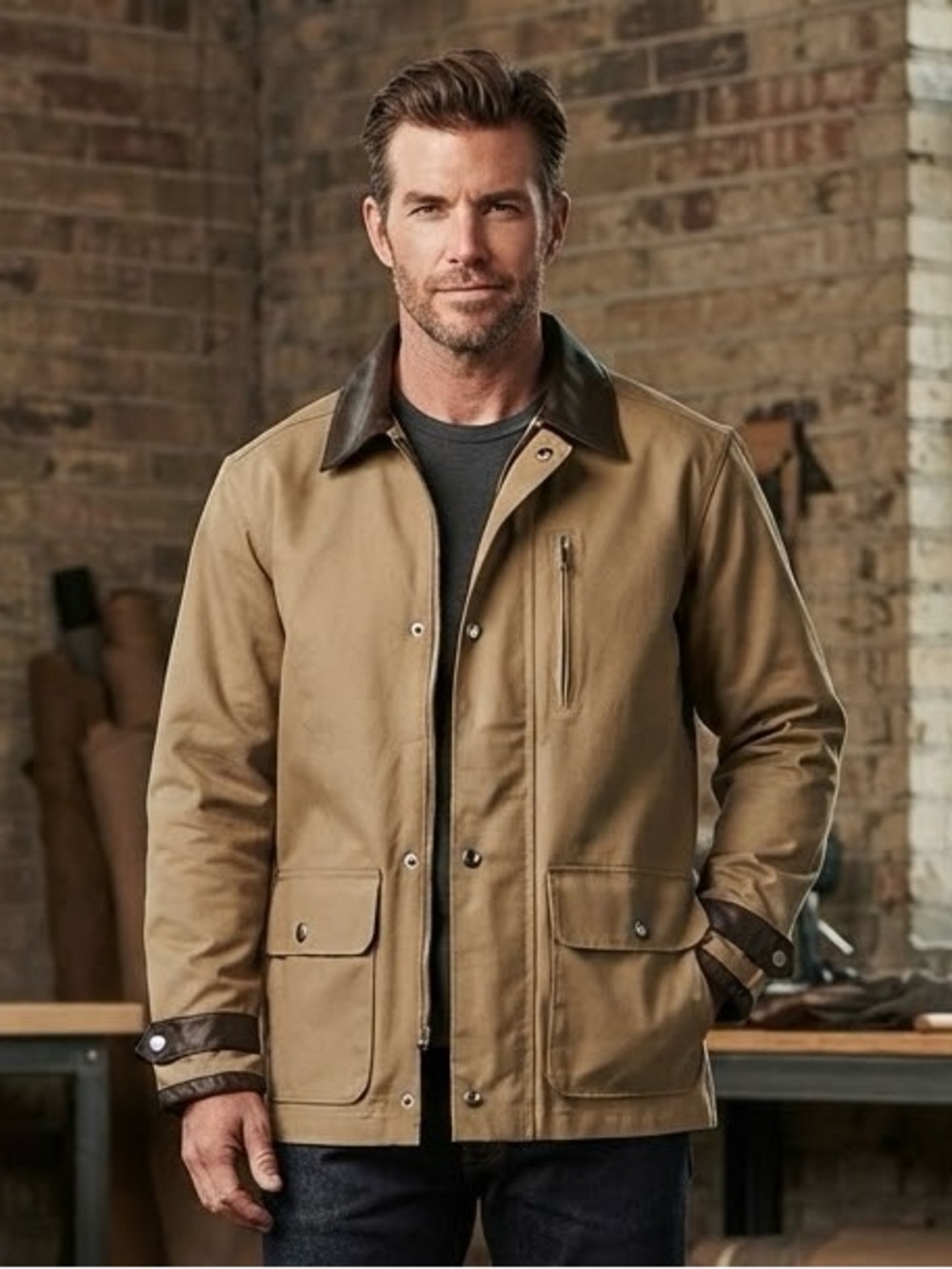 Marlboro Classic Men's Tan Workwear Canvas Jacket Brown with Leather Trim NWT